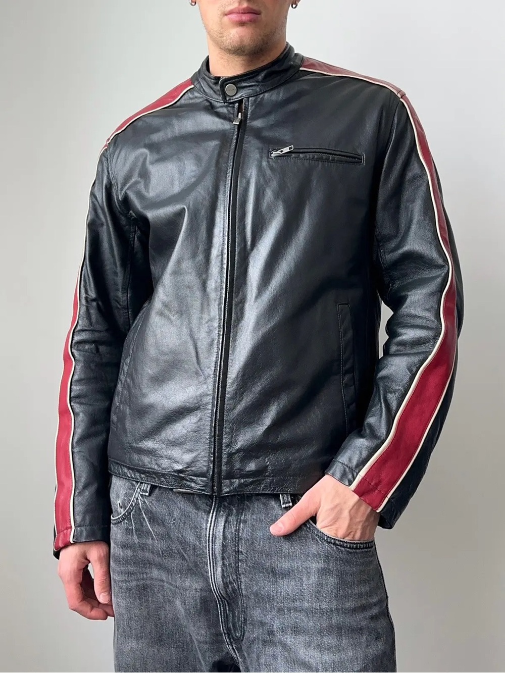 Vintage Wilsons Leather M Julian Cafe Racer Jacket Black Red Stripe Mens XL Y2K